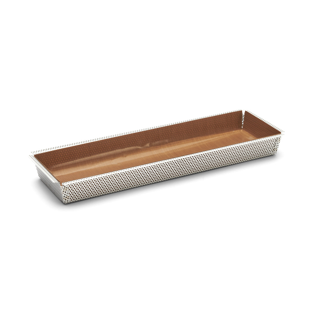 De Buyer Rettangolare Forato Backform Edelstahl perforiert – 35 × 10,5 × 3,5 cm, mit Antihaft-Backfolie