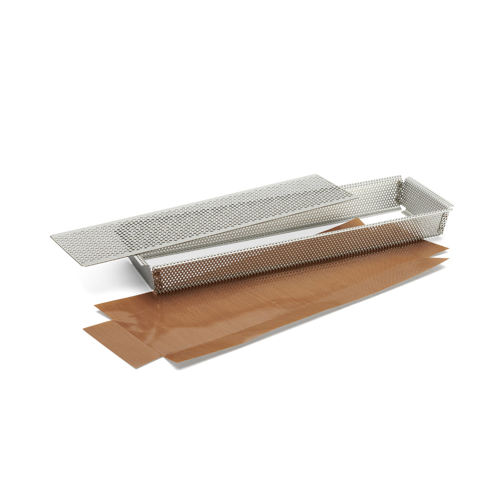 De Buyer Rettangolare Forato Backform Edelstahl perforiert – 35 × 10,5 × 3,5 cm, mit Antihaft-Backfolie