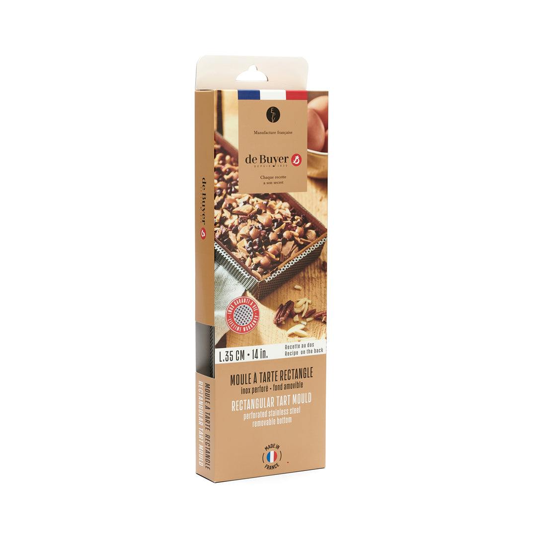 De Buyer Rettangolare Forato Backform Edelstahl perforiert – 35 × 10,5 × 3,5 cm, mit Antihaft-Backfolie