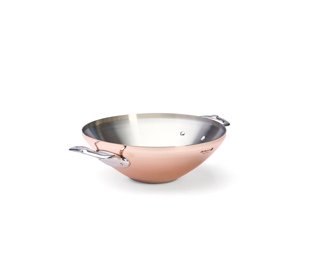De Buyer Prima Matera Wok Kupfer/Edelstahl mit 2 Griffen und Glasdeckel – 32 cm, 4 L